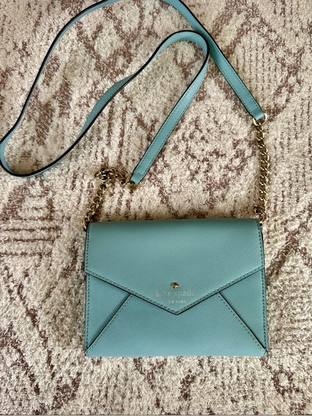 Kate Spade Envelope Mini Crossbody Clutch Blue Saffiano Leather Gold Chain